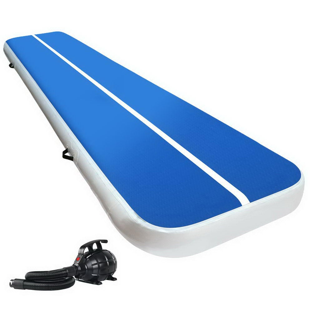 Everfit 4X1M Inflatable Air Track Mat in blue, showcasing its thickness and durable fabric, with an electric air pump included.